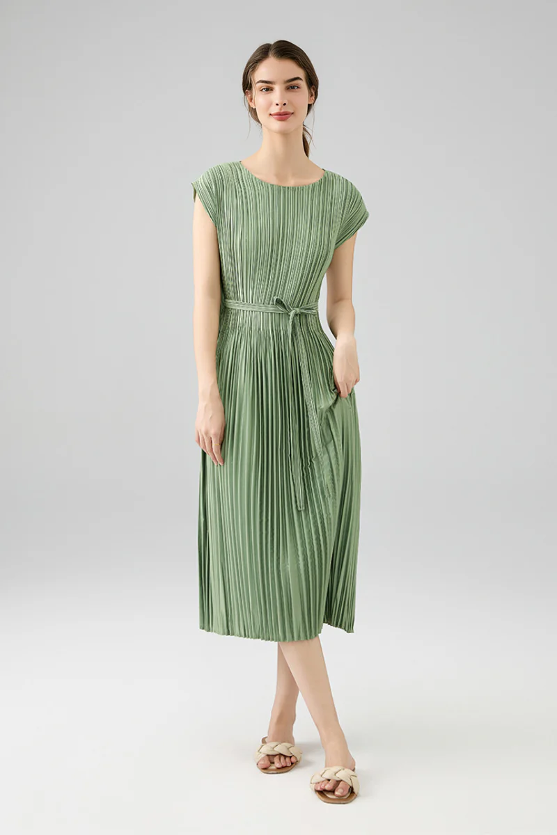 Designer Inspired Pleated Cap-Sleeve Dress with Belt - HBQMJX