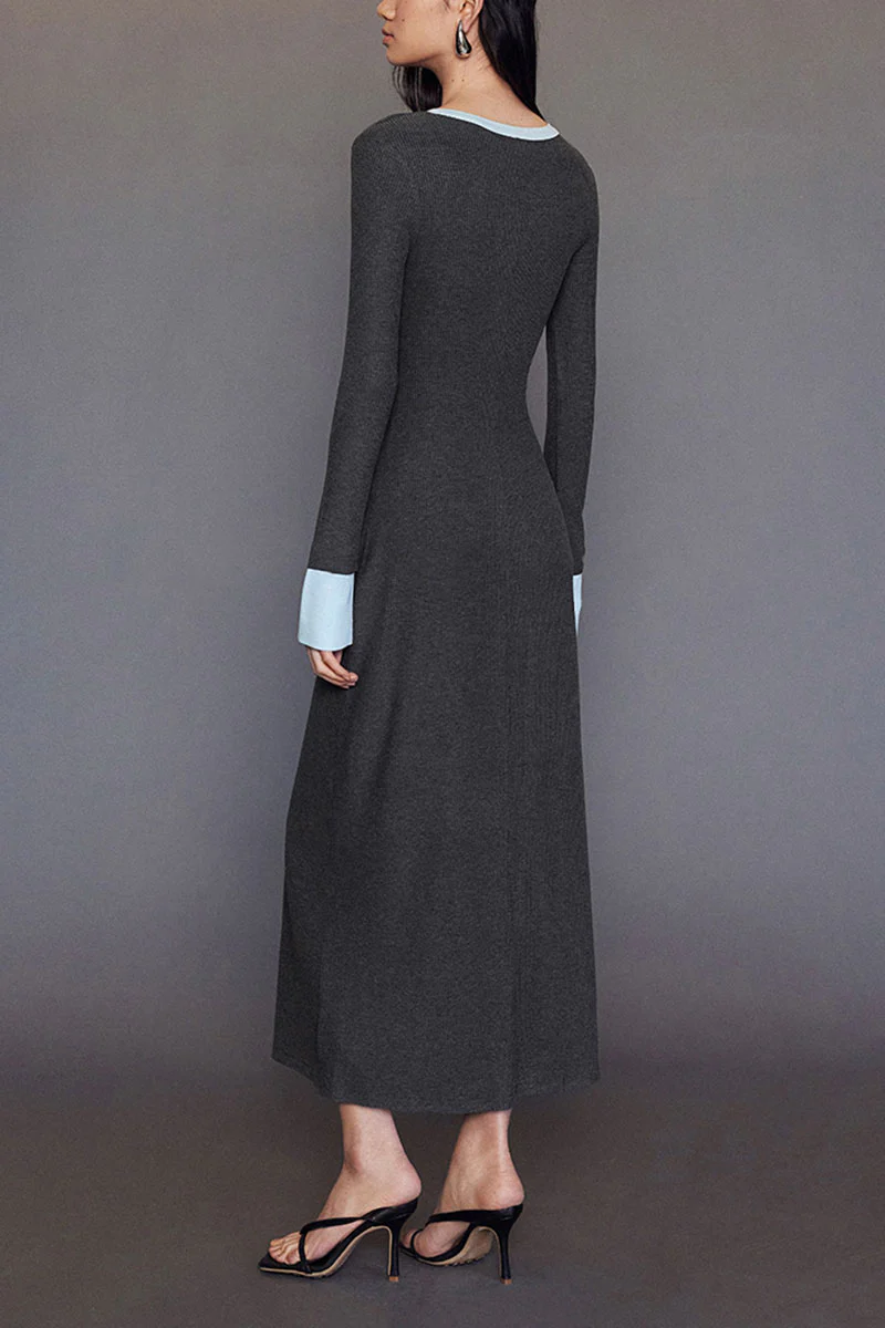 Long Sleeve Ribbed Bodycon Maxi Dress with Contrast Trim - HBQMJX
