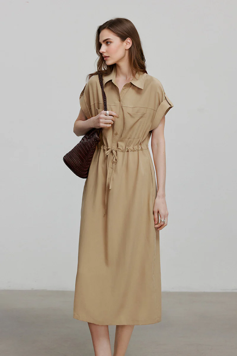 Khaki Cap-Sleeve Shirt Midi Dress With Belt - HBQMJX