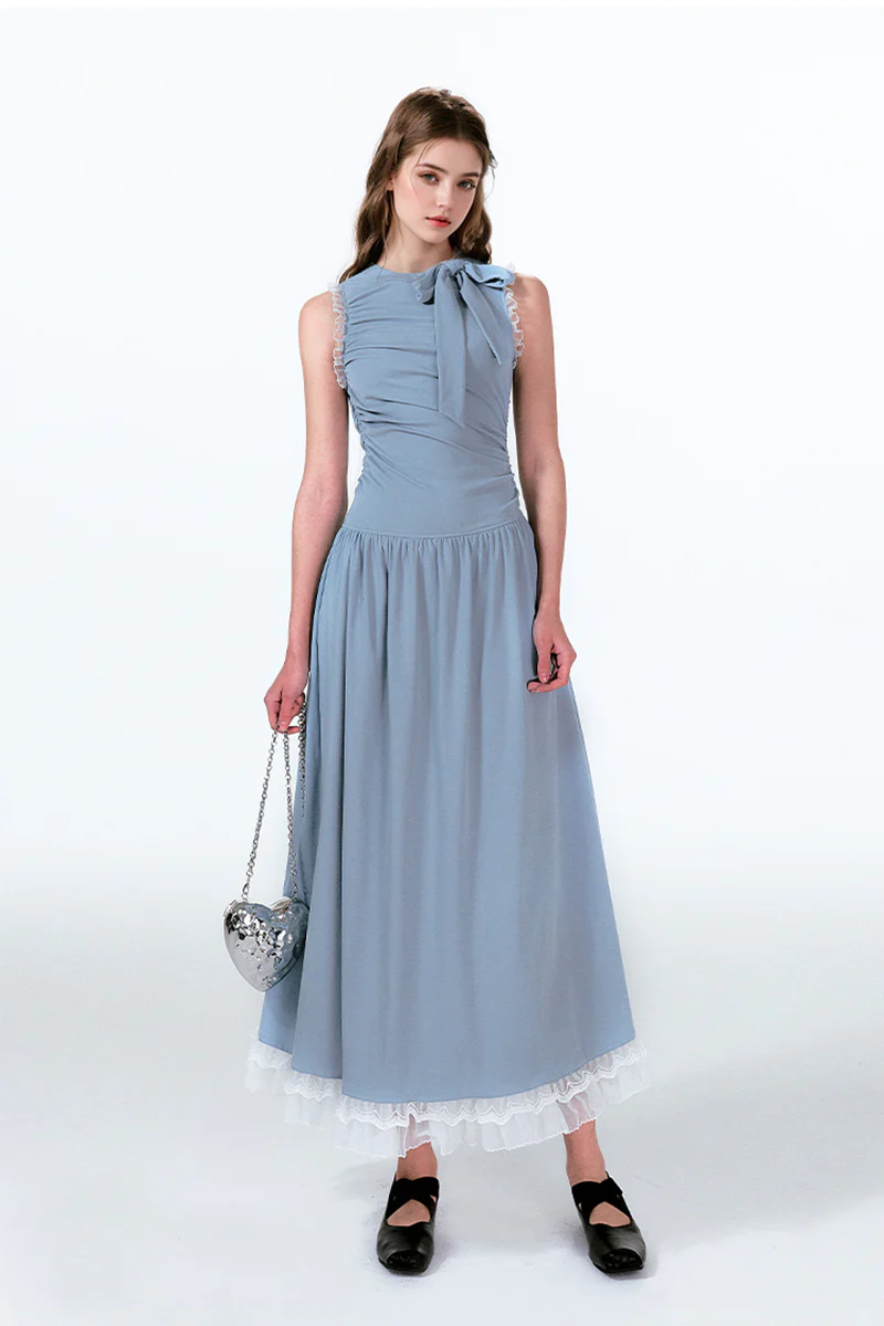 Blue Sleevelss Ruched Fit & Flare Maxi Dress with Bow & Lace - HBQMJX
