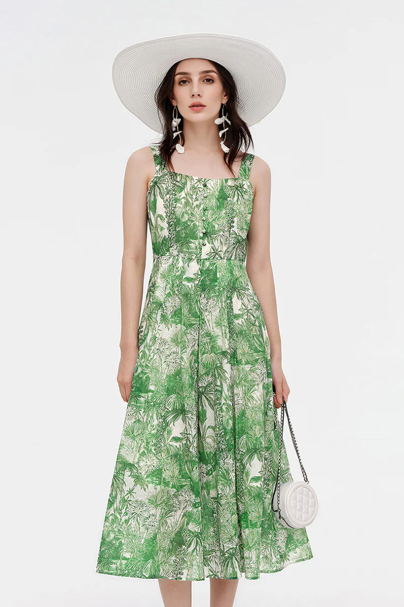 Green Floral Square-Neck Sleeveless Midi Dress - HBQMJX