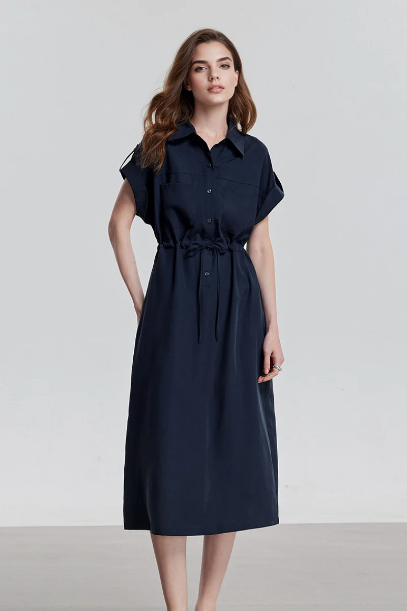 Blue Cap-Sleeve Shirt Midi Dress WIth Belt - HBQMJX