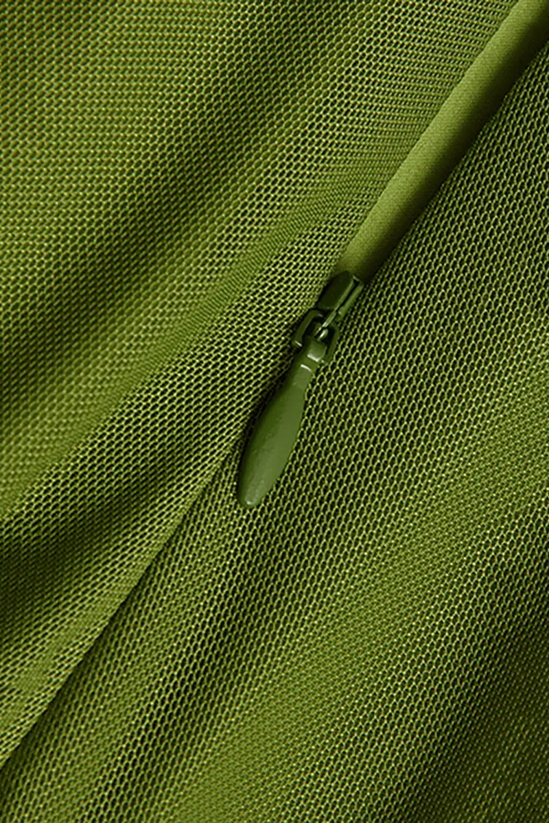 Ruched Mesh Drawstring Midi Dress in Olive Green - HBQMJX