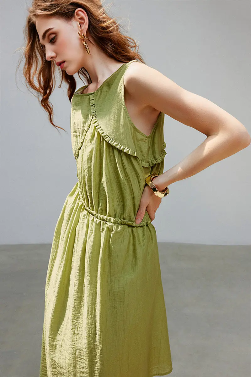 Sage Green Lyocell Sleeveless Ruffle-Detail Midi Dress - HBQMJX