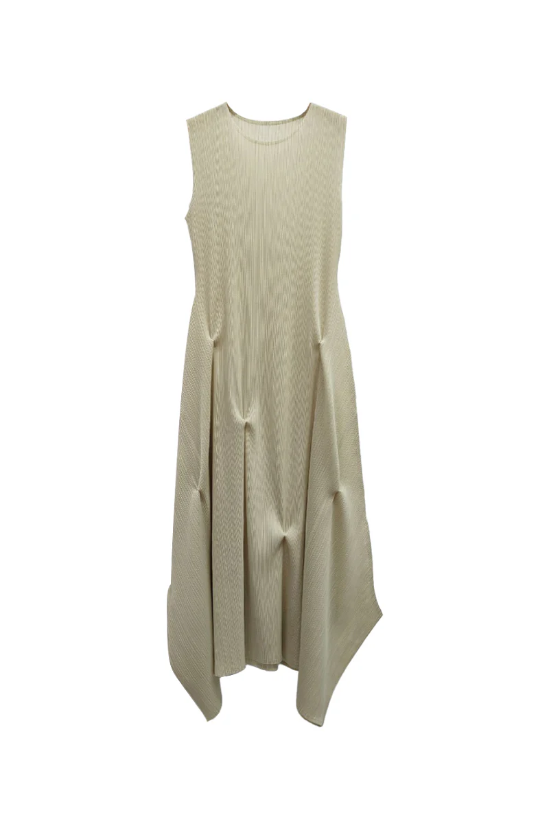 Designer Inspired Pleated Asymmetrical Midi Dress - HBQMJX