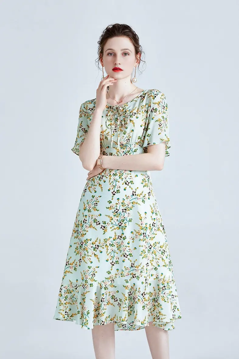 100 Mulberry Silk Short Sleeve Floral Midi Dress - HBQMJX