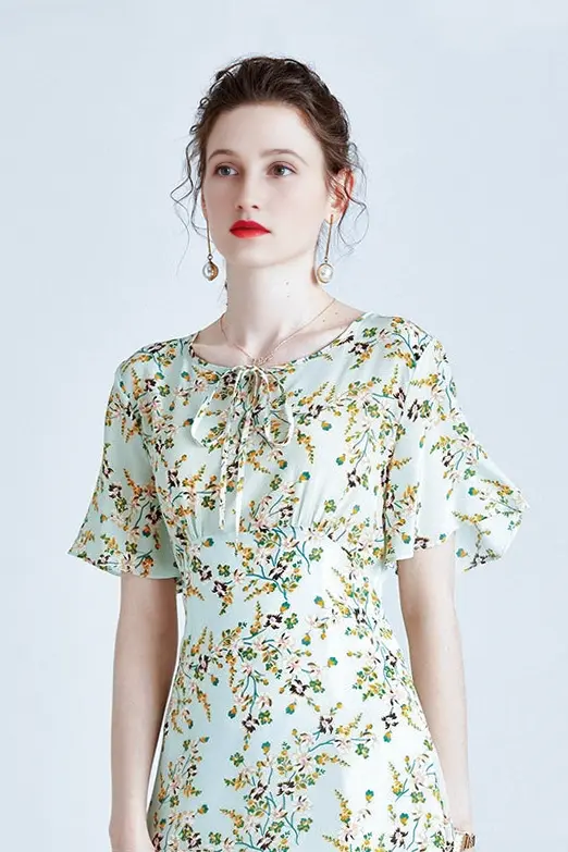 100 Mulberry Silk Short Sleeve Floral Midi Dress - HBQMJX