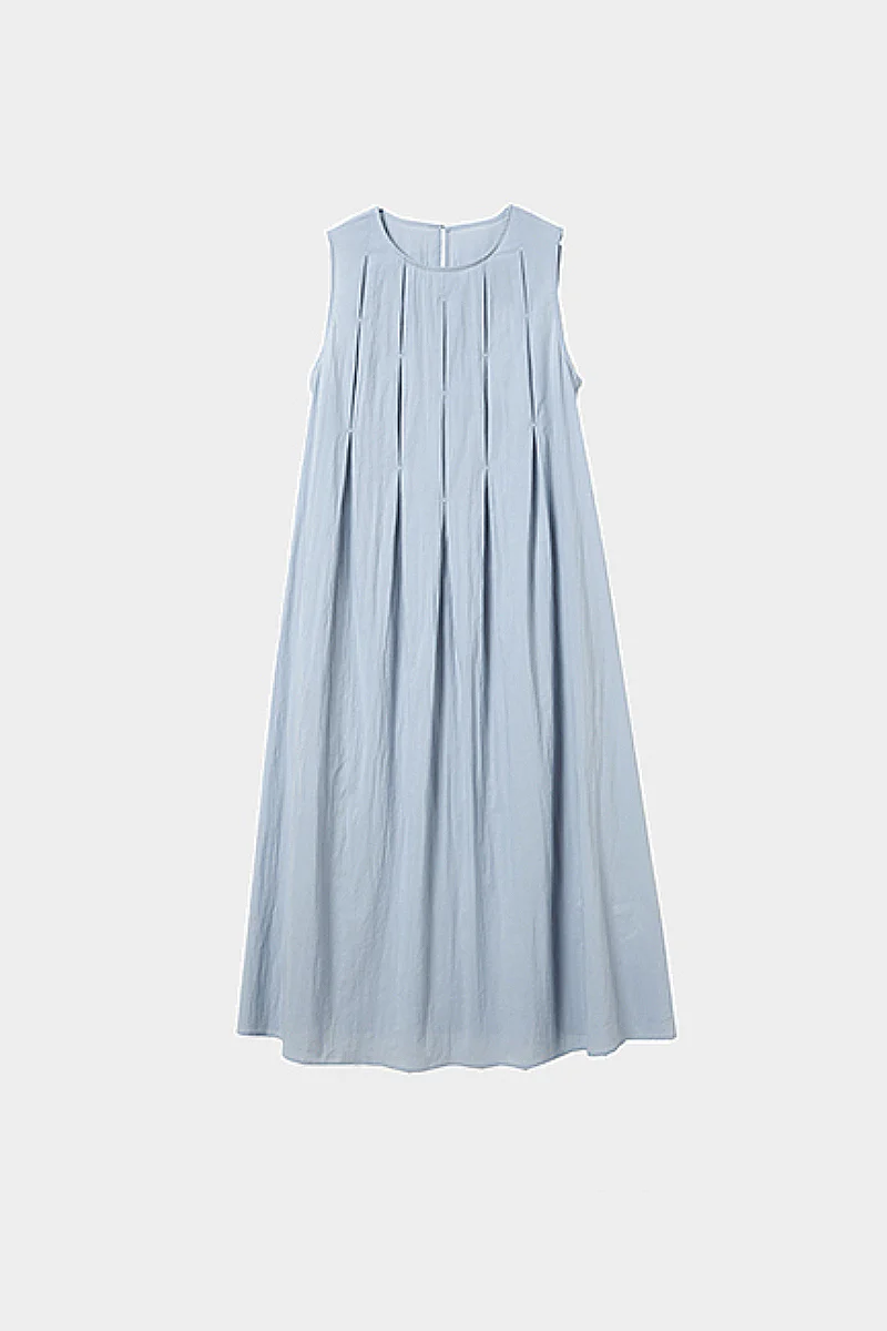 Causal Summer Pleat Textured Blue Tank Midi Dress - HBQMJX
