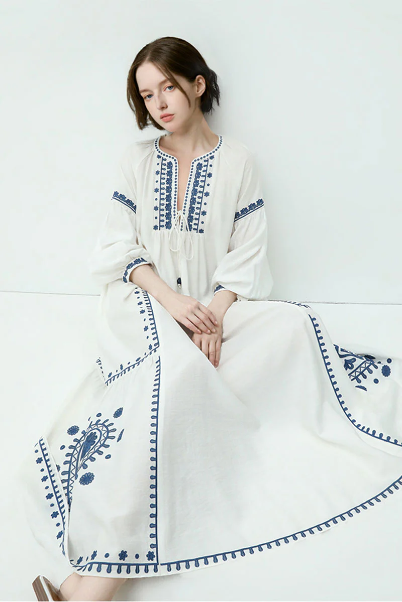 Boho Embroidered Long-Sleeve Split-Neck Maxi Dress - HBQMJX