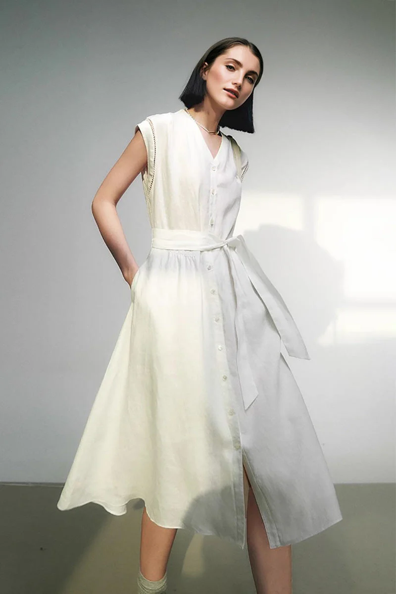 White 100 Linen Cap-Sleeve Button-Front Belted Midi Dress - HBQMJX