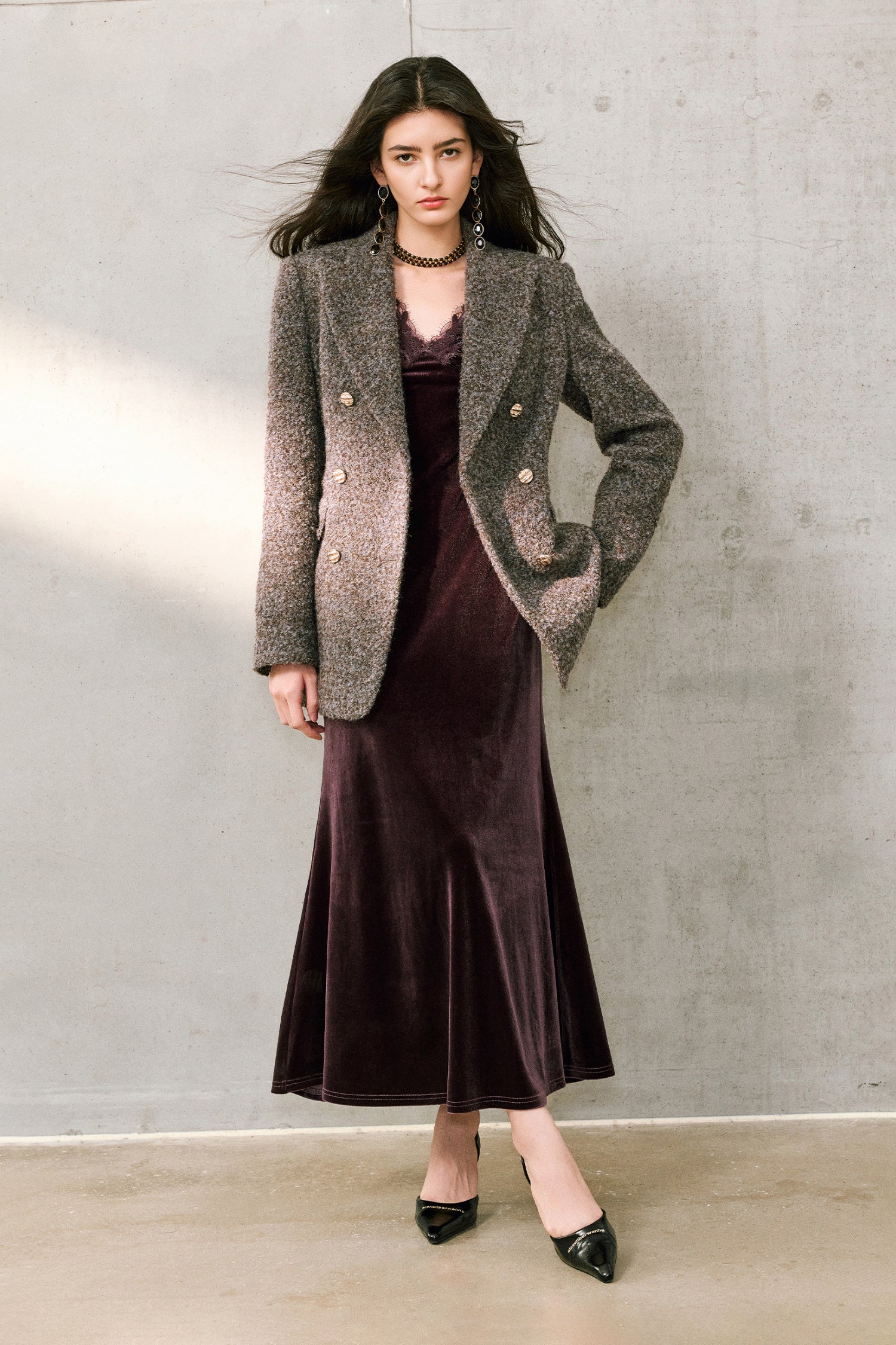 Purple Velvet Long Sleeve Lace V-Neck Maxi Dress - HBQMJX