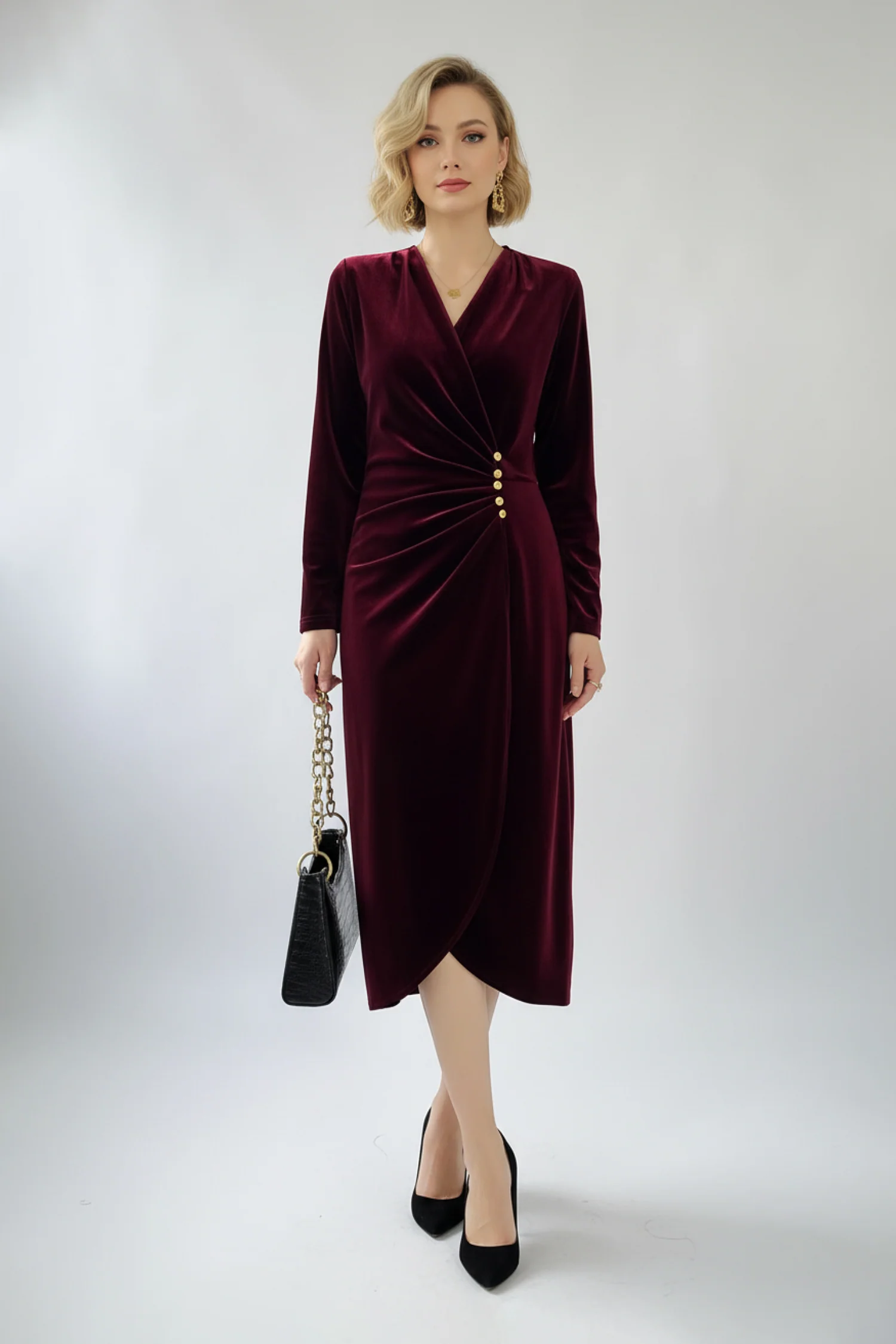 Burgundy Velvet Ruched Long Sleeve V-Neck Midi Dress - HBQMJX