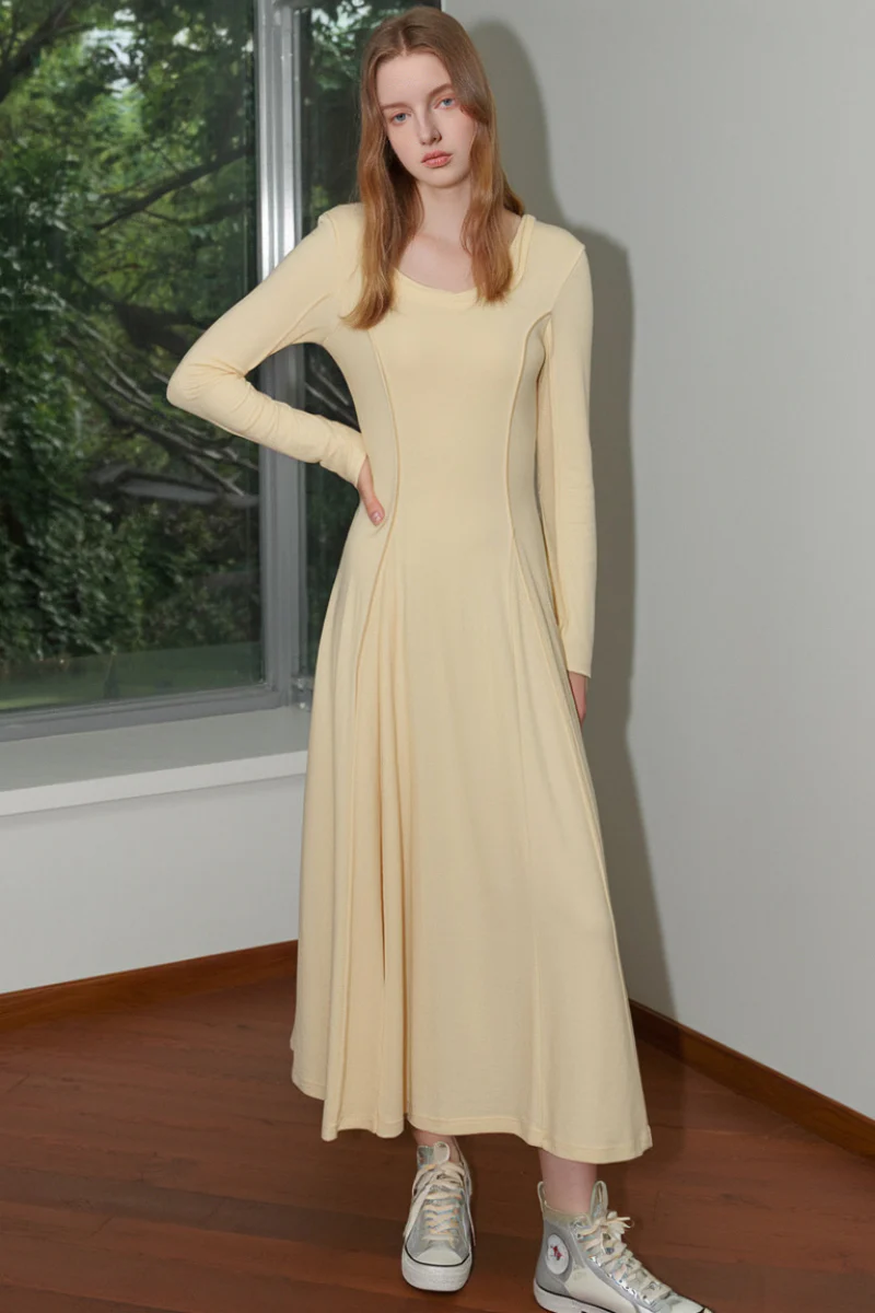 Yellow Stretch Long-Sleeve Scoop-Neck A-Line Maxi Dress - HBQMJX