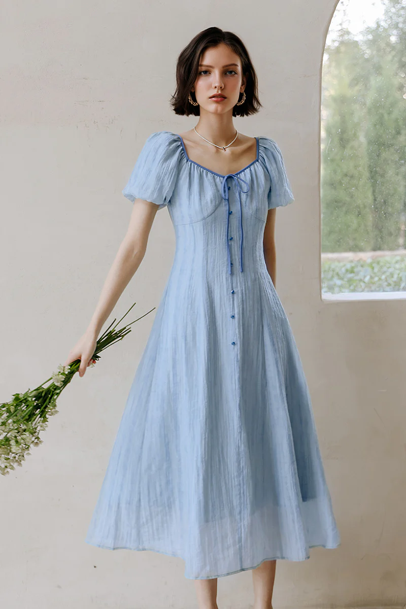 Baby Blue Lyocell V-Neck Puff-Sleeve Midi Dress - HBQMJX