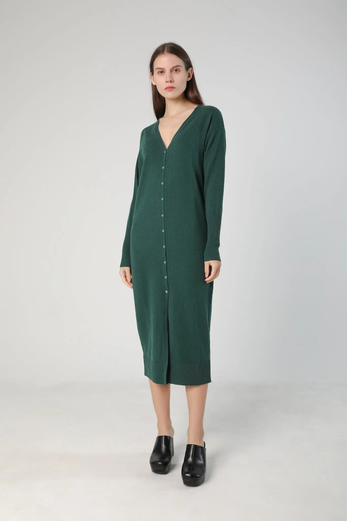 V-Neck Cardigan Sweater Dress in Merino Wool - HBQMJX