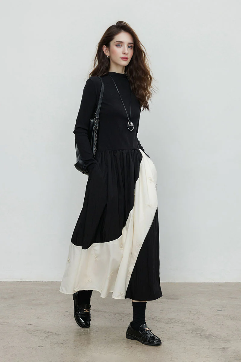 Fit & Flare Long-Sleeve Midi Dress with Lace Patchwork - HBQMJX