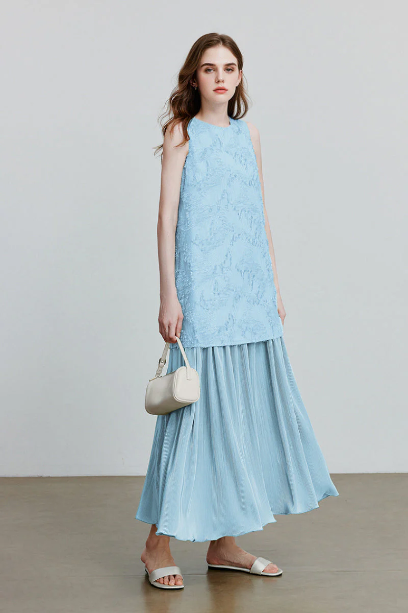 Blue Frayed Jacquard Pleated Mixed-Media Midi Dress - HBQMJX