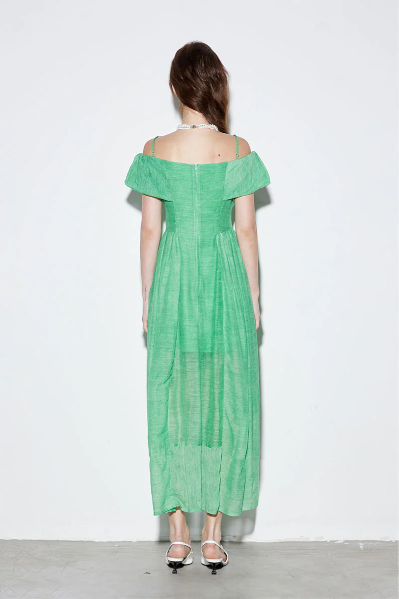 Green Silk-Wool Off-the-Shoulder A-Line Maxi Dress - HBQMJX