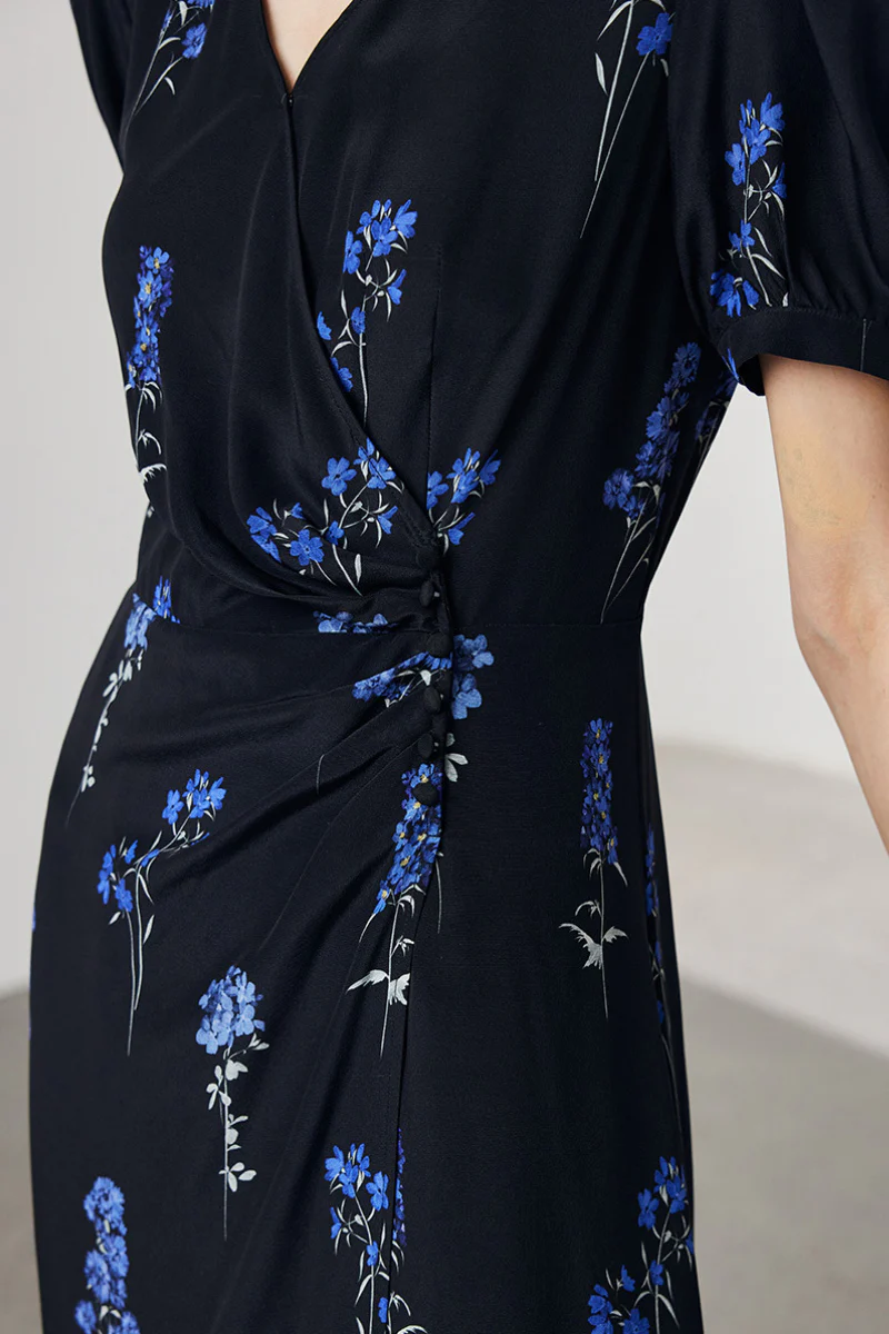 100 Mulberry Silk Floral Puff-Sleeve V-Neck Wrap Midi Dress - HBQMJX