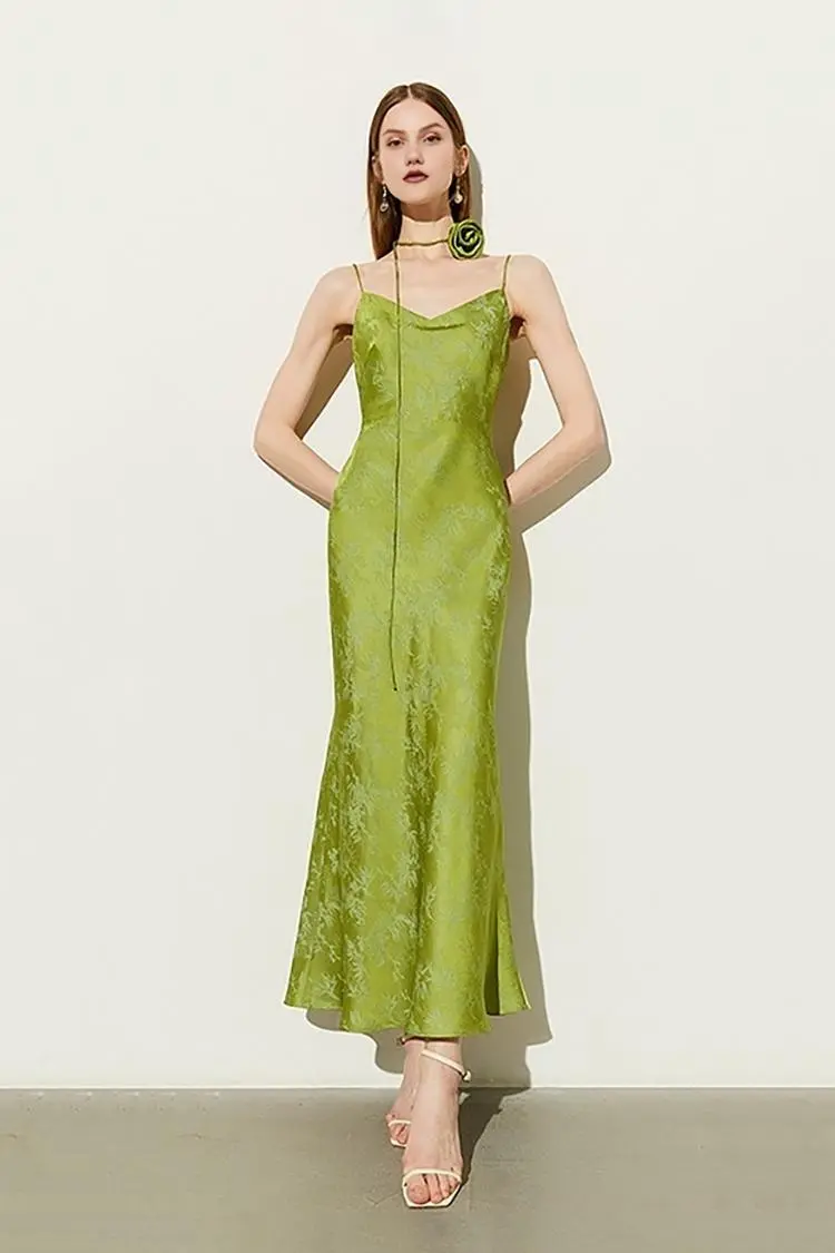 Elegant Jacquard Satin Slip Maxi Dress - HBQMJX