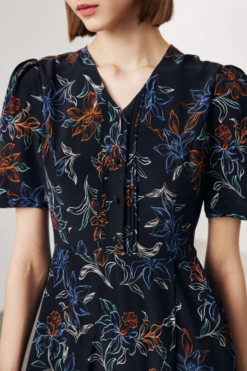 100 Mulberry Silk Floral A-Line Short-Sleeve V-Neck Midi Dress - HBQMJX