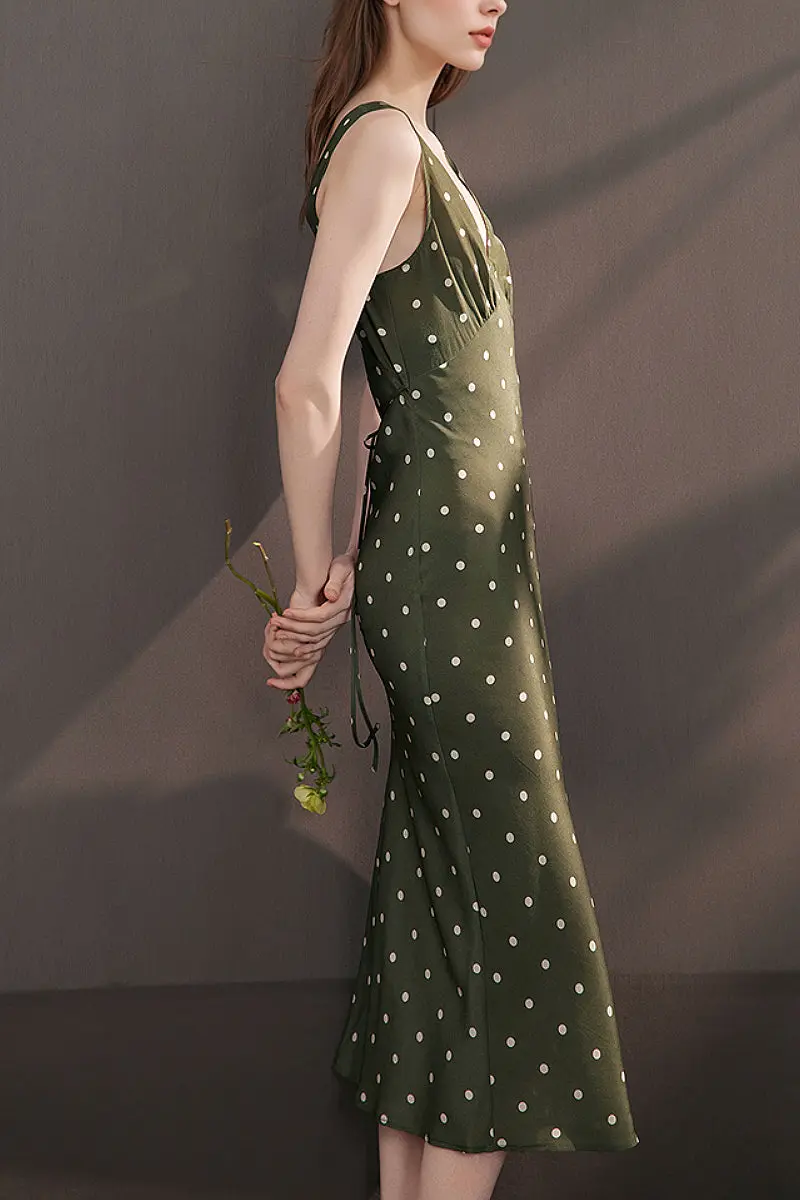 100 Silk Polka Dot Bias-Cut Midi Dress in Olive Green - HBQMJX