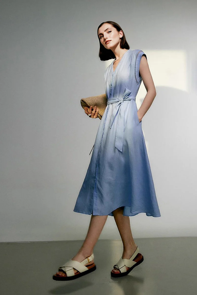 Baby Blue 100 Linen Cap-Sleeve Button-Front Belted Midi Dress - HBQMJX