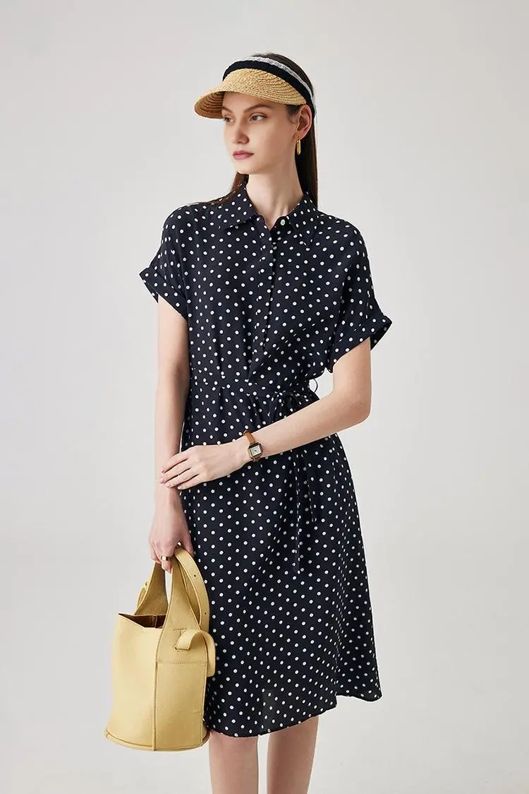 Women's Heavyweight Mulberry Silk Polka Dot Printed Silk Long Dress - HBQMJX
