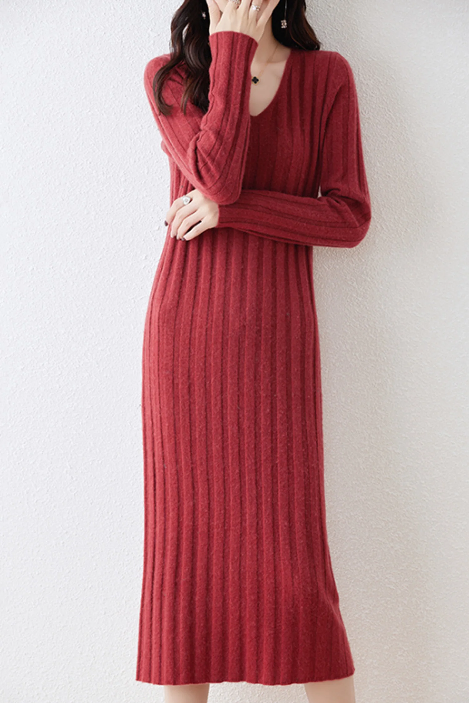100% Merino Wool Long Sleeve Wide-Rib Midi Sweater Dress - HBQMJX