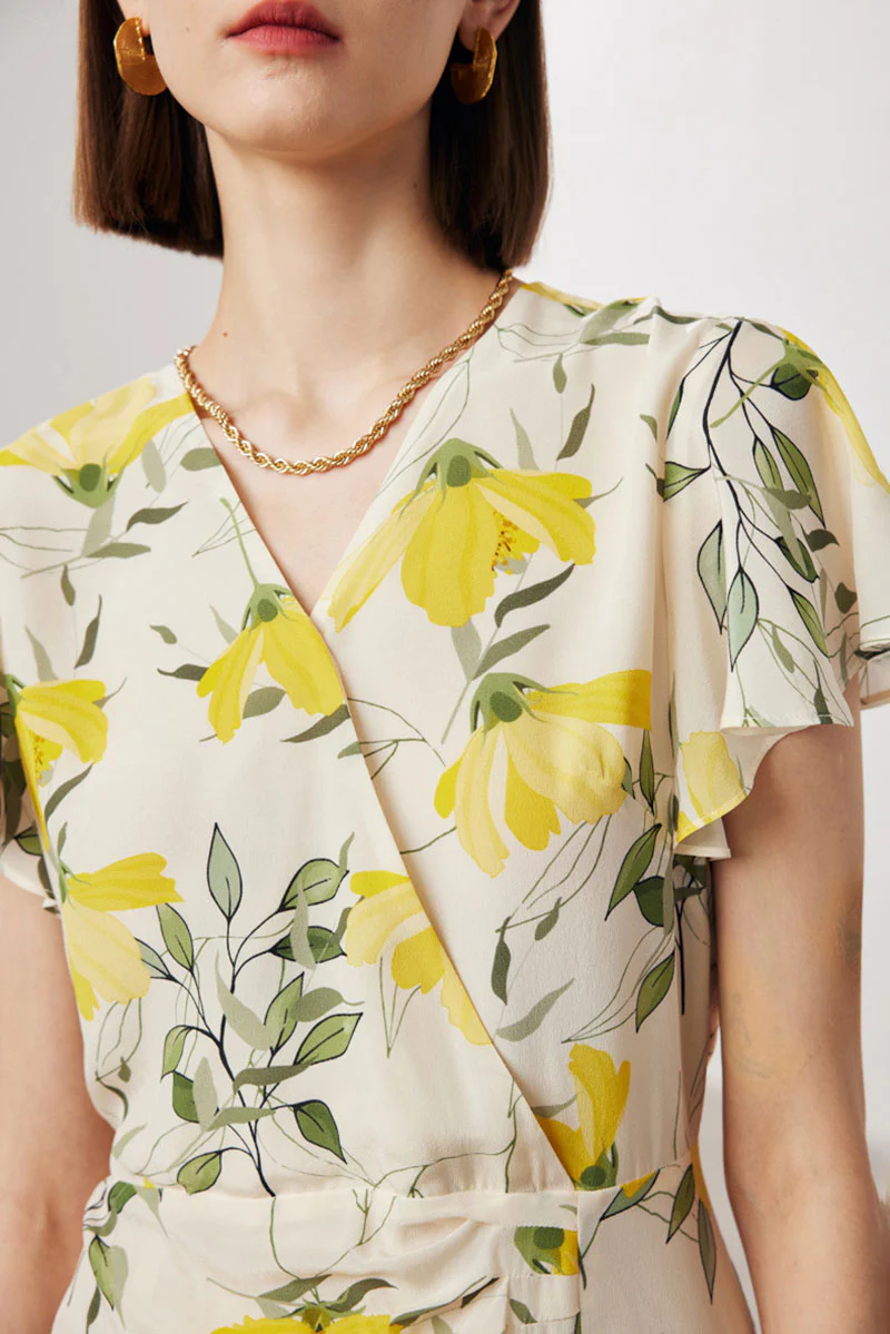 100 Mulberry Silk Floral Flutter-Sleeve V-Neck Ruffle Wrap Midi Dress - HBQMJX