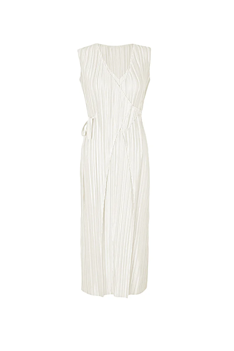 Designer Inspired Pleated Sleeveless Midi Wrap Dress - HBQMJX