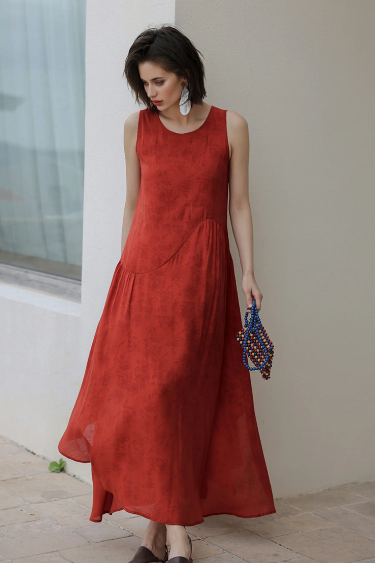 Red Asymmetrical Tiered Sleeveless Maxi Dress with Floral Print - HBQMJX