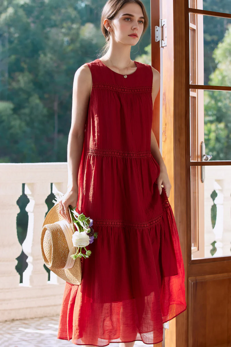 Red Tiered Sleeveless Tank Midi Dress with Embroidered Detail - HBQMJX