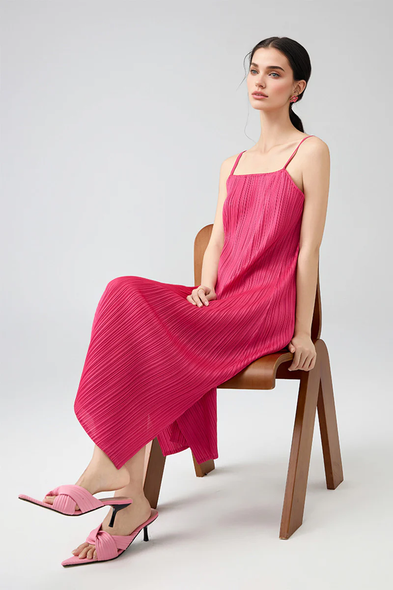 Designer Inspired Pleated Midi Slip Dress - HBQMJX