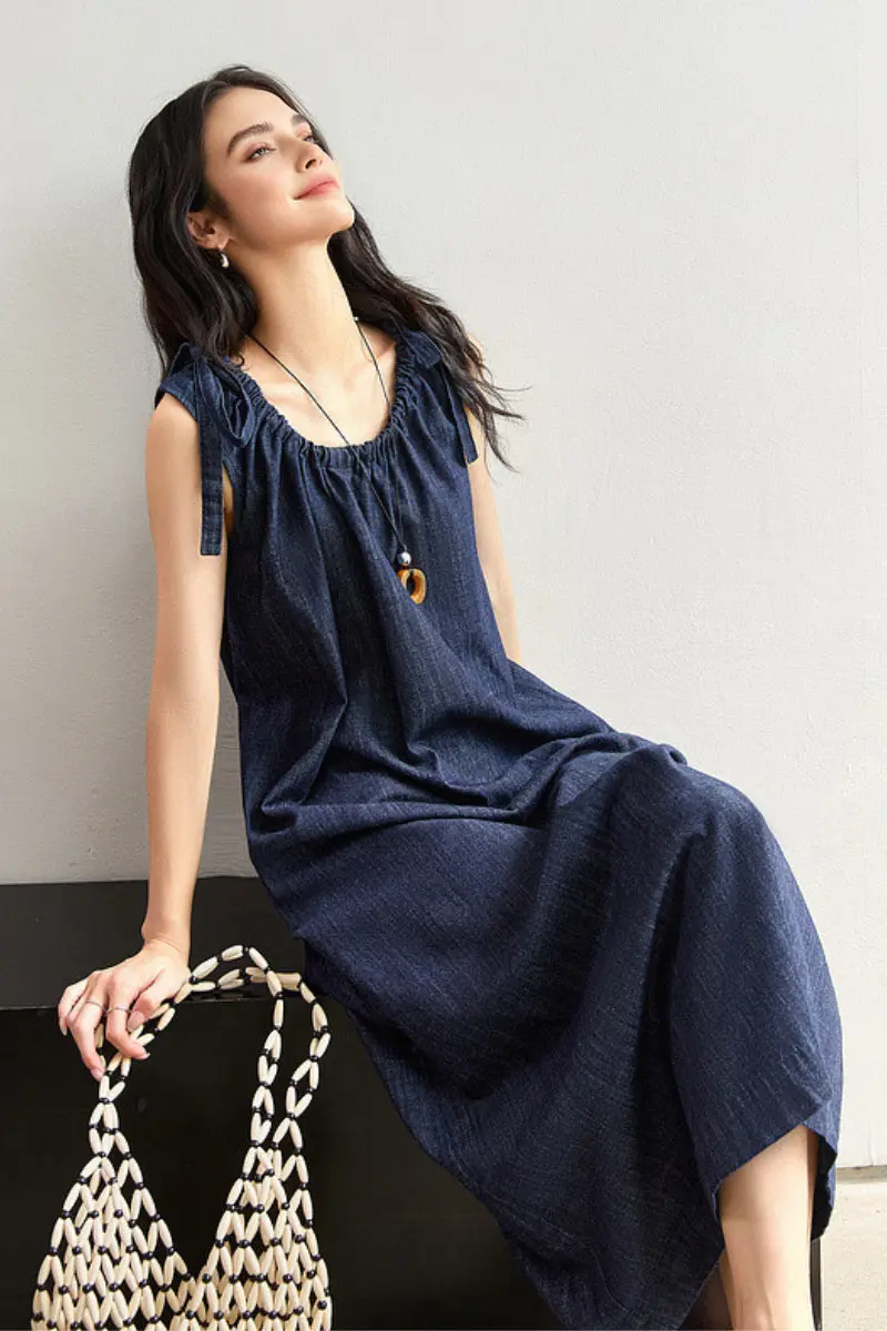 Denim Trapeze Tie-Strap Midi Dress - HBQMJX