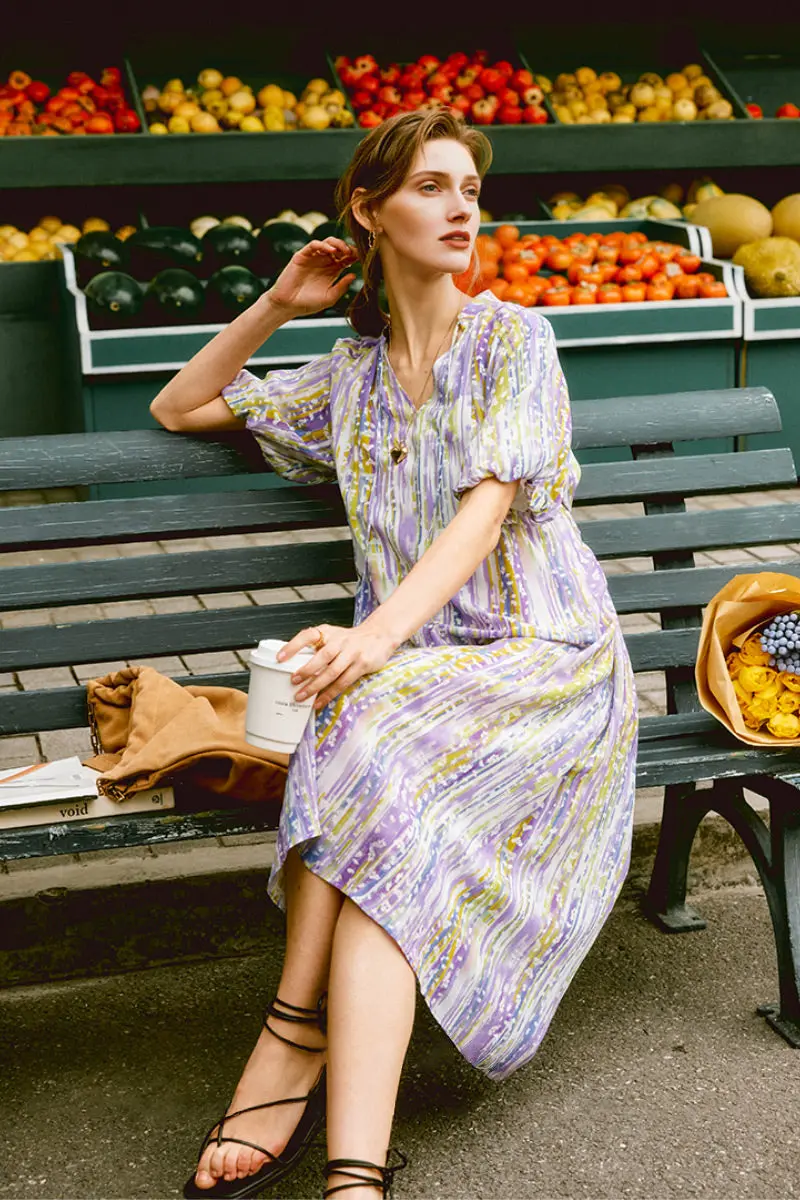 Purple Silk Double Crepe Abstract-Print Midi Dress - HBQMJX