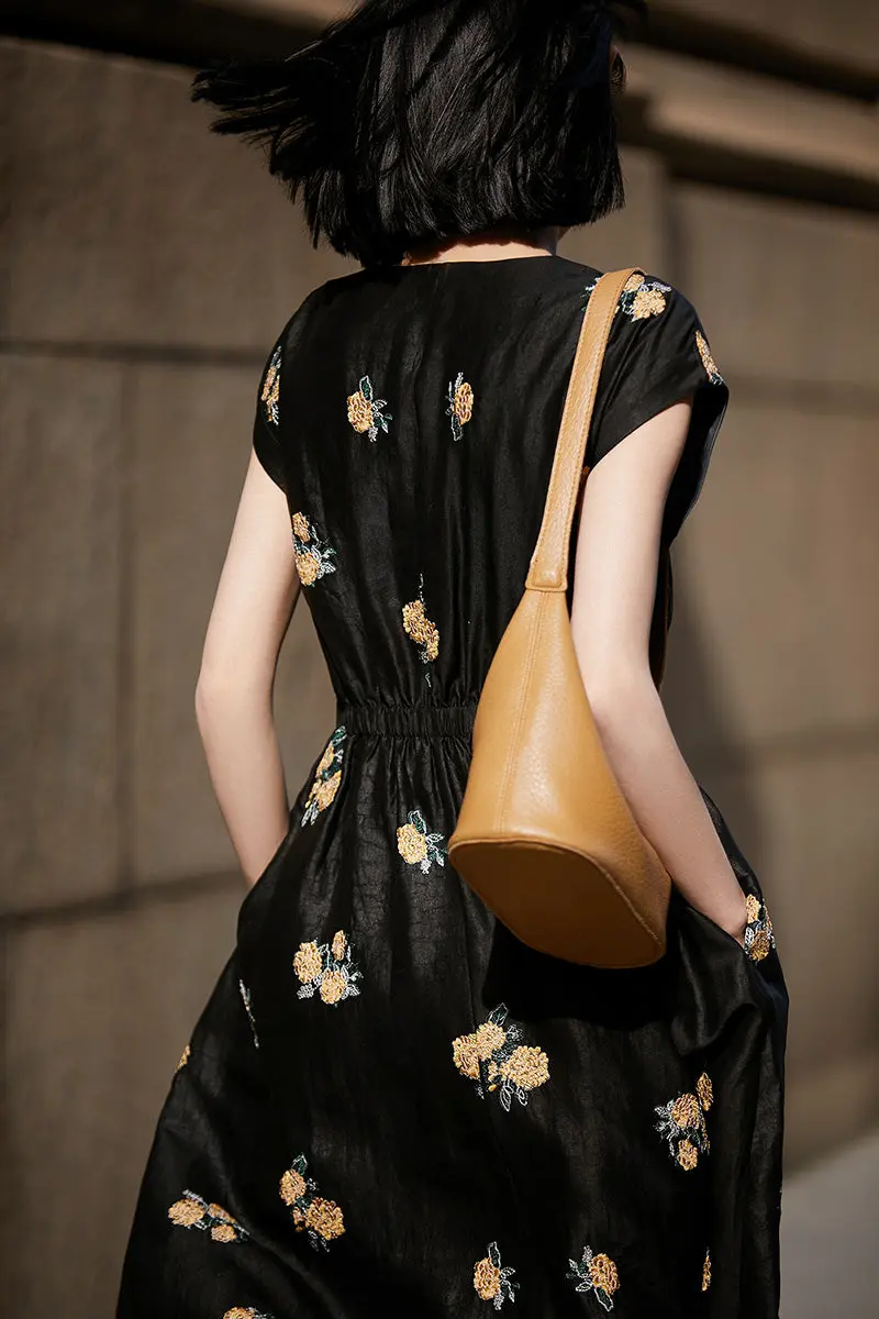 Xiang Yun Silk Floral Hand-Embroidery Midi Dress - HBQMJX