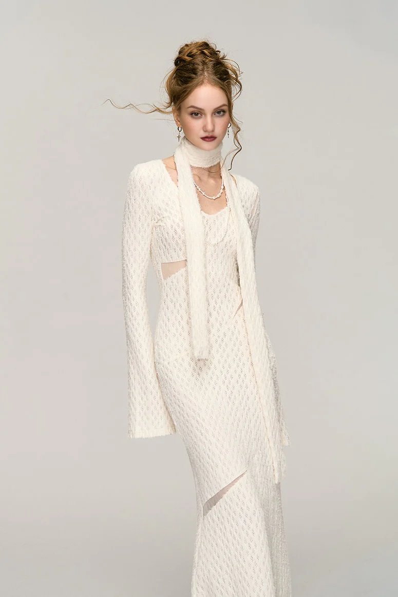 White Crochet Cut Out Long Sleeve Maxi Dress - HBQMJX