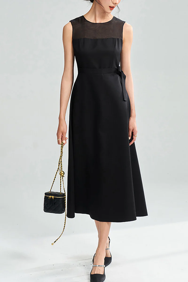 Black Sleeveless A-Line Organza Midi Dress with Bow - HBQMJX