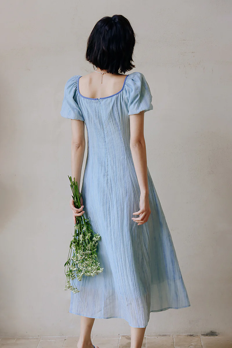 Baby Blue Lyocell V-Neck Puff-Sleeve Midi Dress - HBQMJX