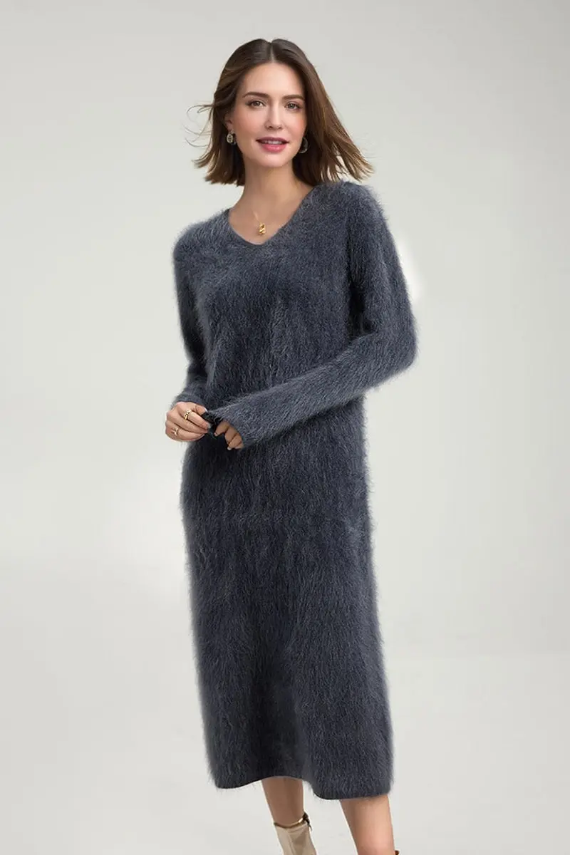 Classic Brushed Cashmere V-Neck Long Sleeve Sweater Dress - HBQMJX
