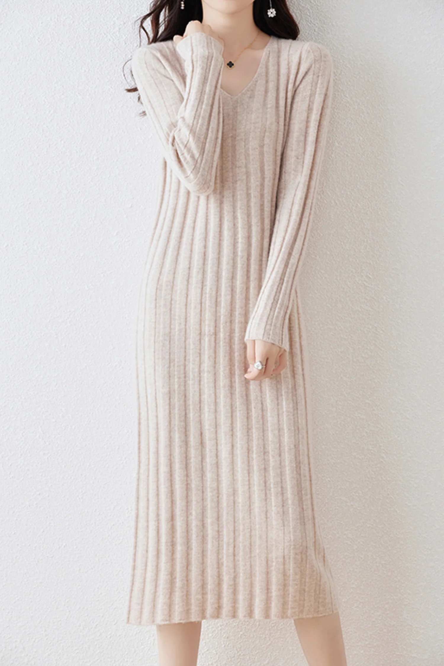 100% Merino Wool Long Sleeve Wide-Rib Midi Sweater Dress - HBQMJX