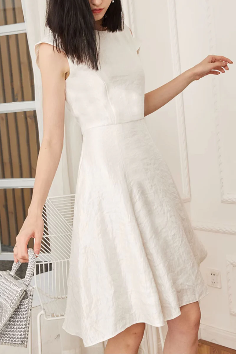 White Asymmetrical Sleeve Midi Graduation Dress - HBQMJX