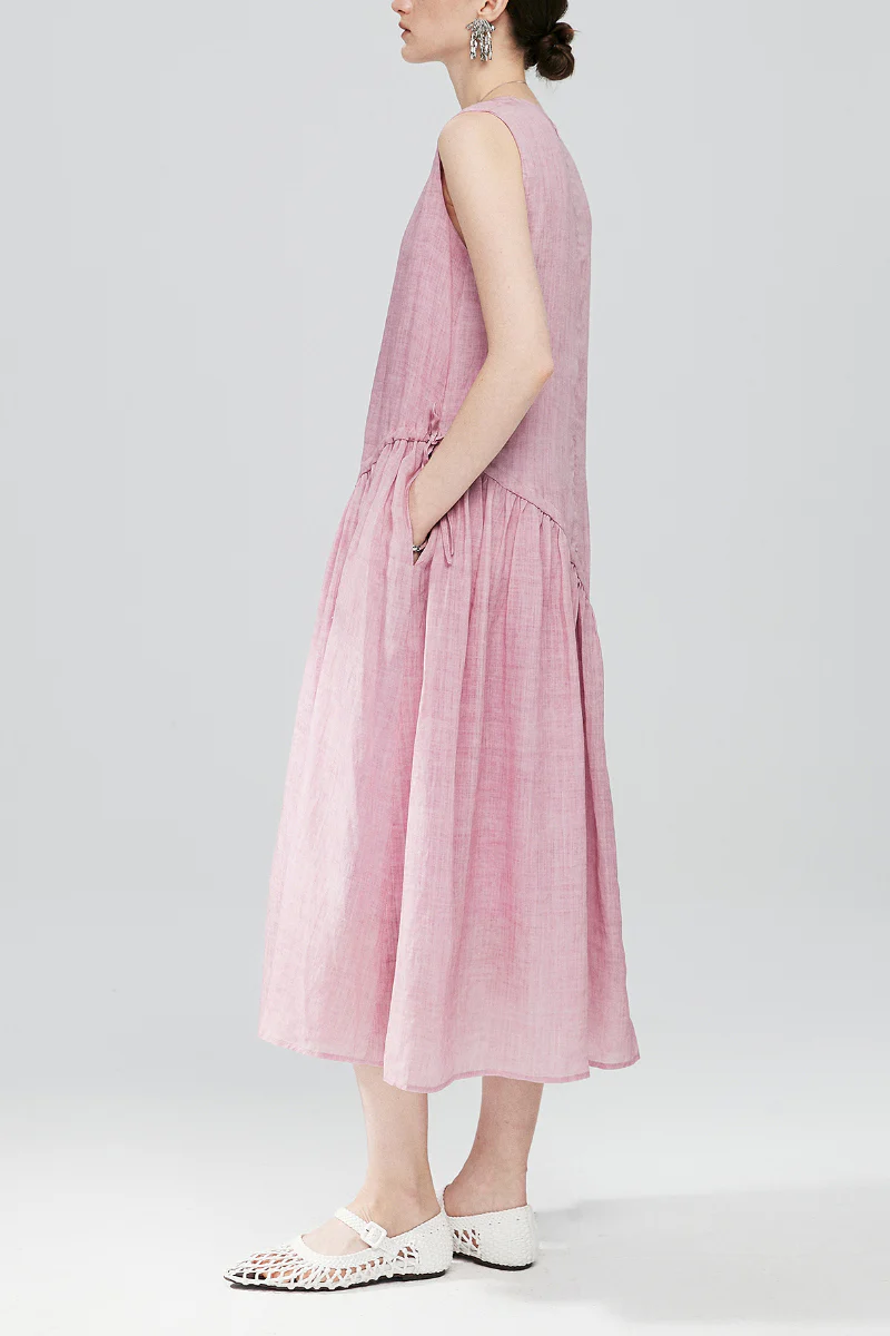 Pink Cotton-Linen Tiered Swing Beach Tank Midi Dress - HBQMJX