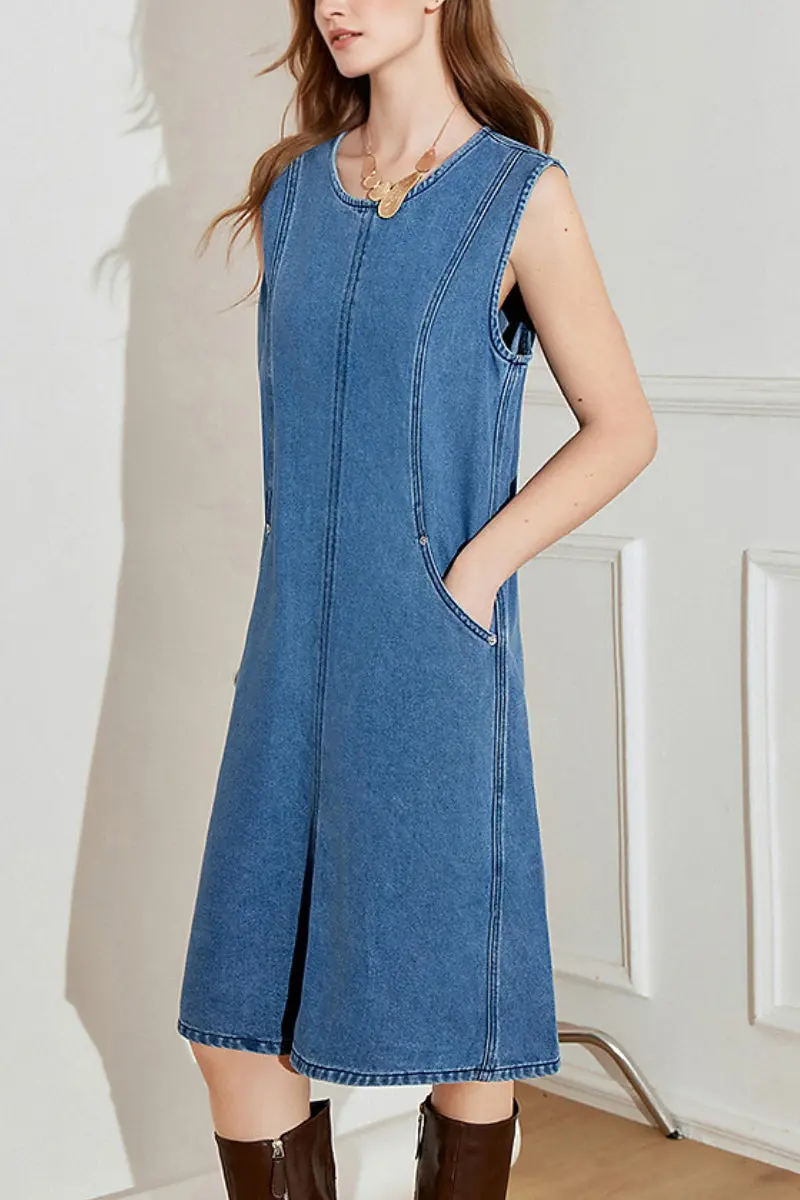Denim Sleeveless Shift Midi Dress with Pockets - HBQMJX
