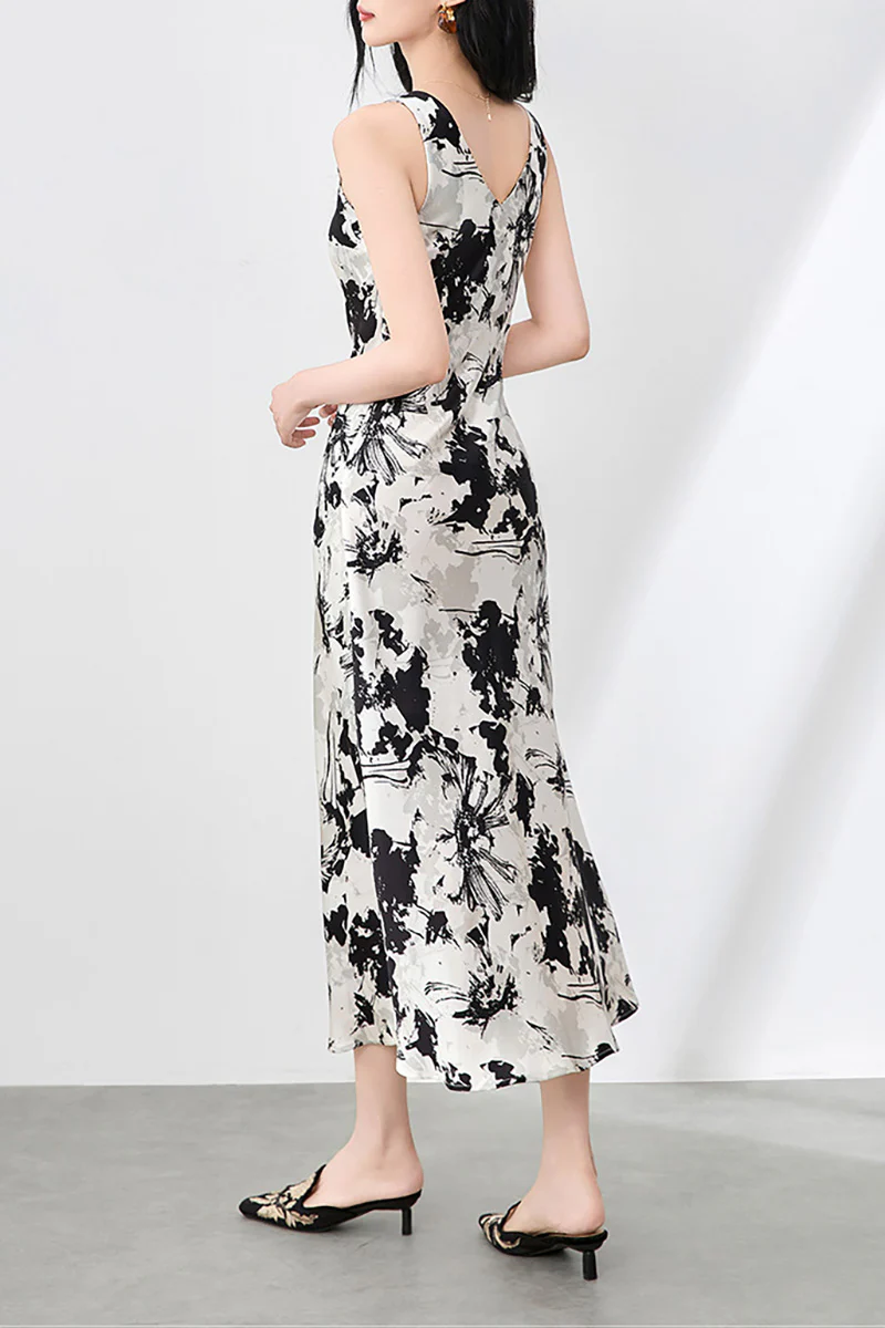 Floral Sleeveless V-Neck Satin Midi Dress - HBQMJX