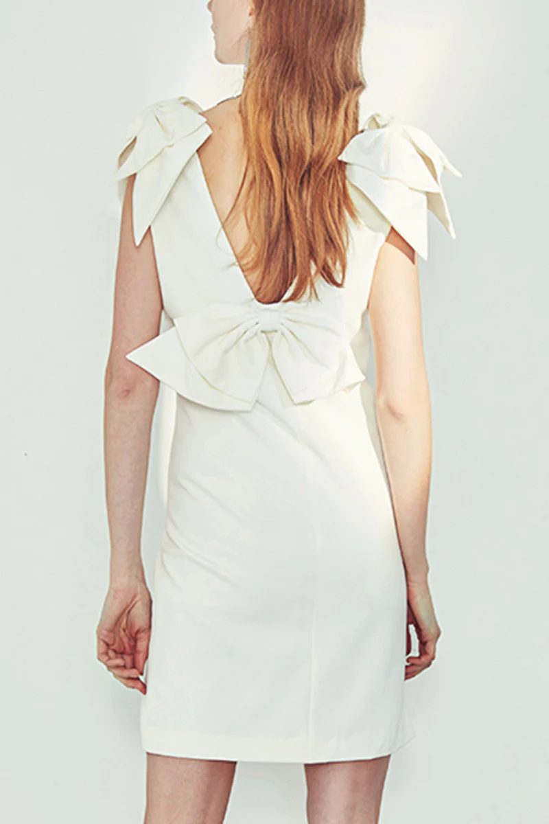 White Sleeveless Backless Bow Mini Dress - HBQMJX