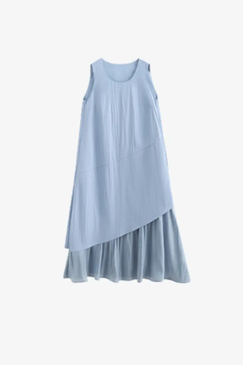 Blue Flowy Asymmetrical Sleeveless Trapeze Midi Dress - HBQMJX