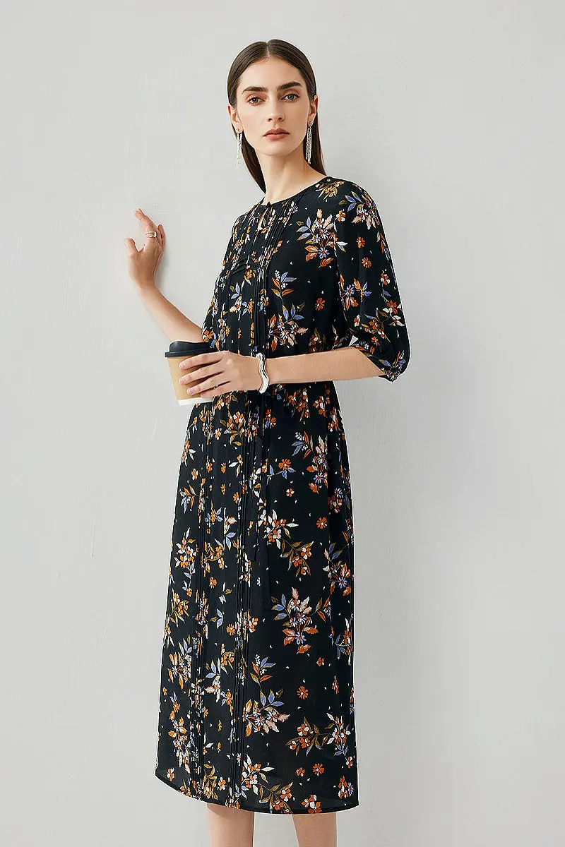 100 Silk Floral Double Crepe Midi Dress - HBQMJX