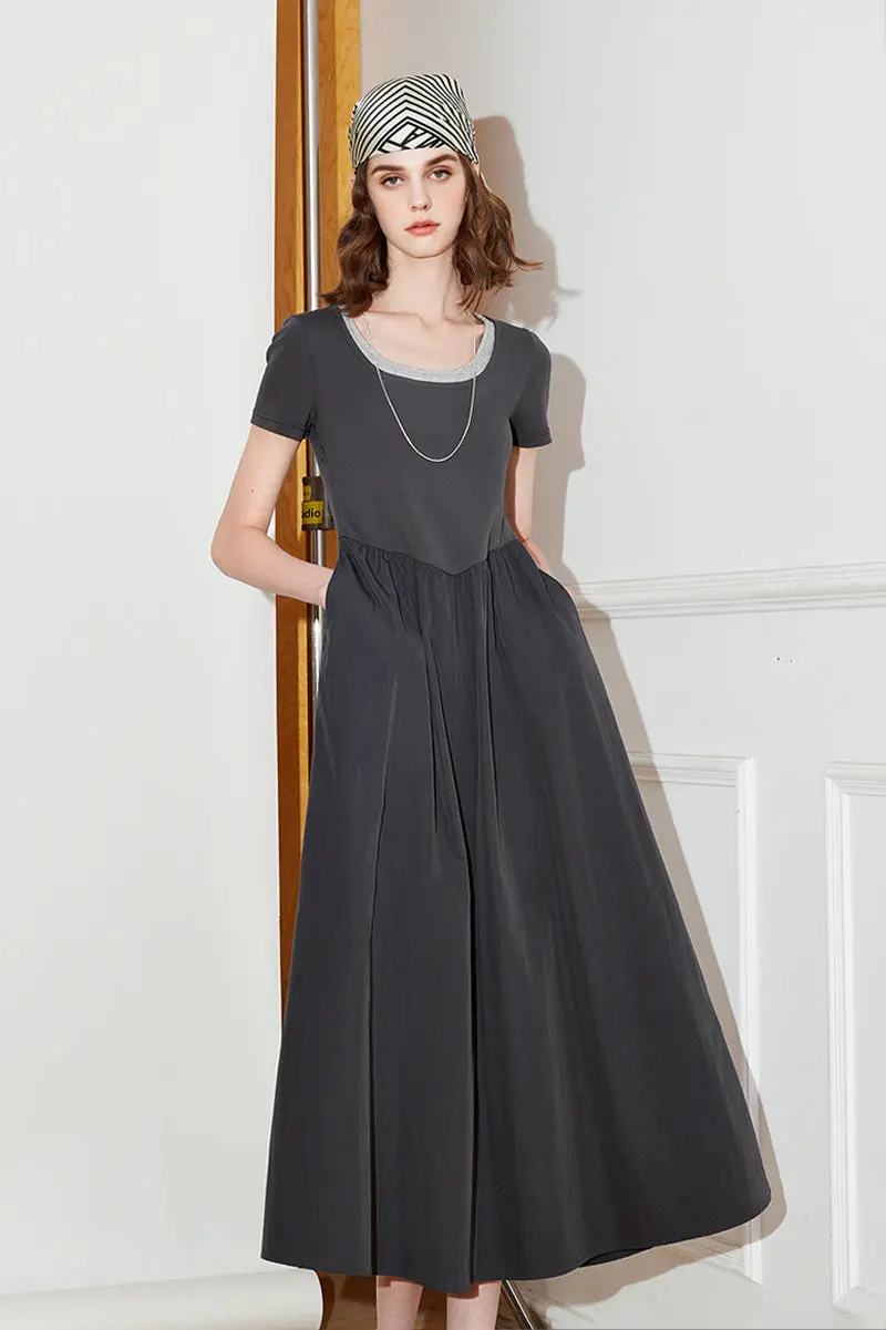 Cotton Short-Sleeve Mixed-Media Fit & Flare Midi Dress - HBQMJX